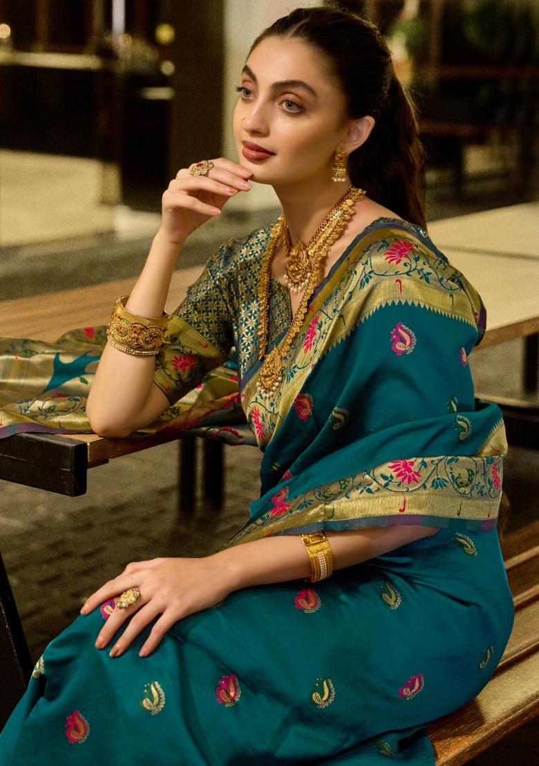 Turquoise Woven Design Silk Blend Saree Set - Indya