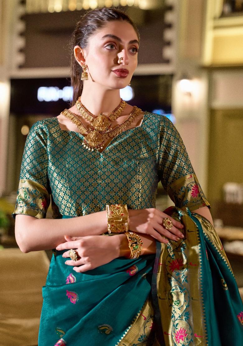 Turquoise Woven Design Silk Blend Saree Set - Indya