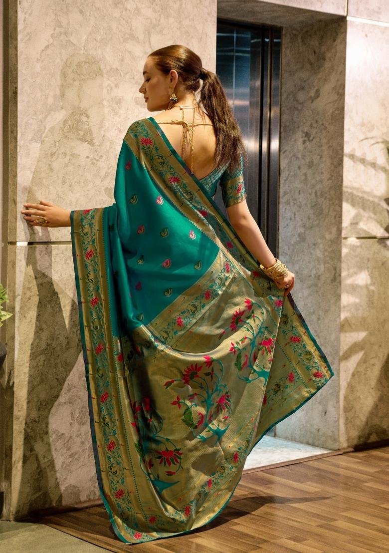 Teal Woven Design Silk Blend Saree Set - Indya