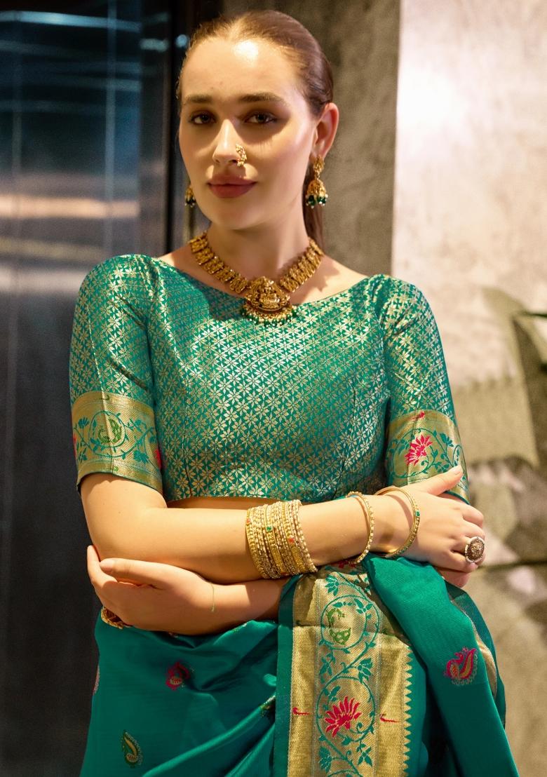 Teal Woven Design Silk Blend Saree Set - Indya