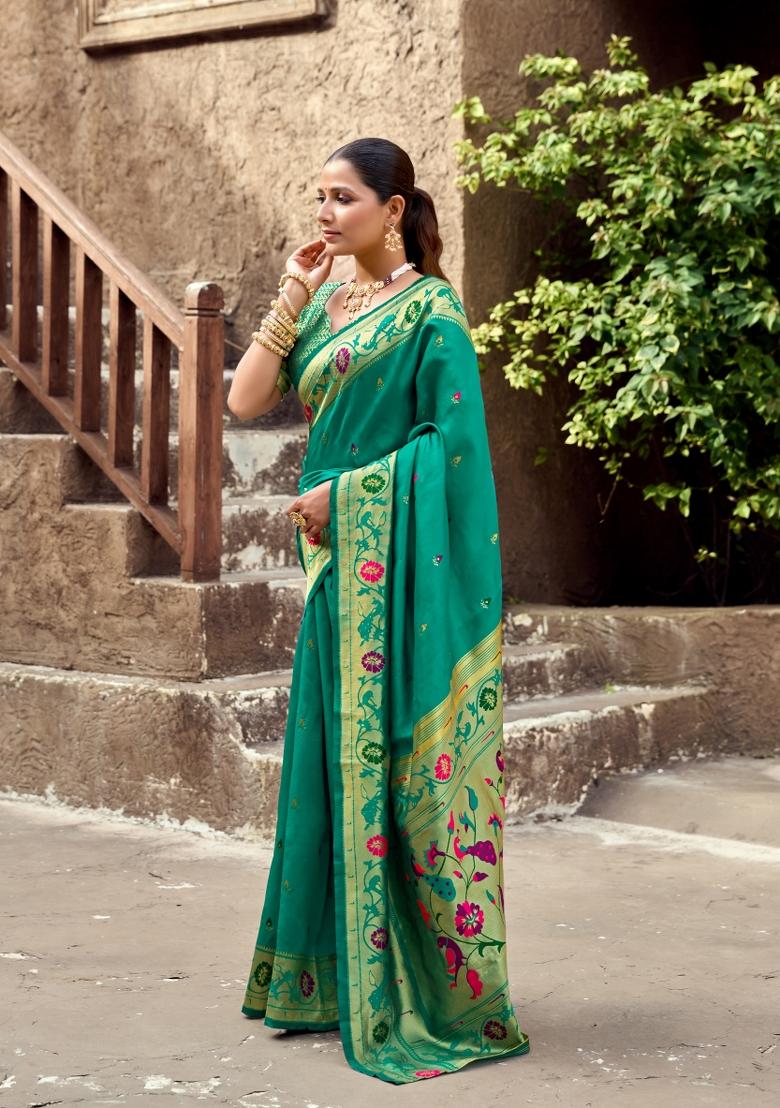 Teal Woven Design Silk Blend Saree Set - Indya