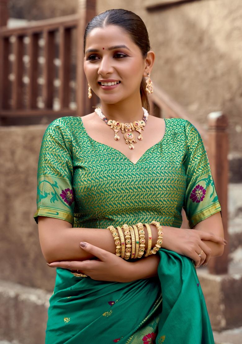 Teal Woven Design Silk Blend Saree Set - Indya