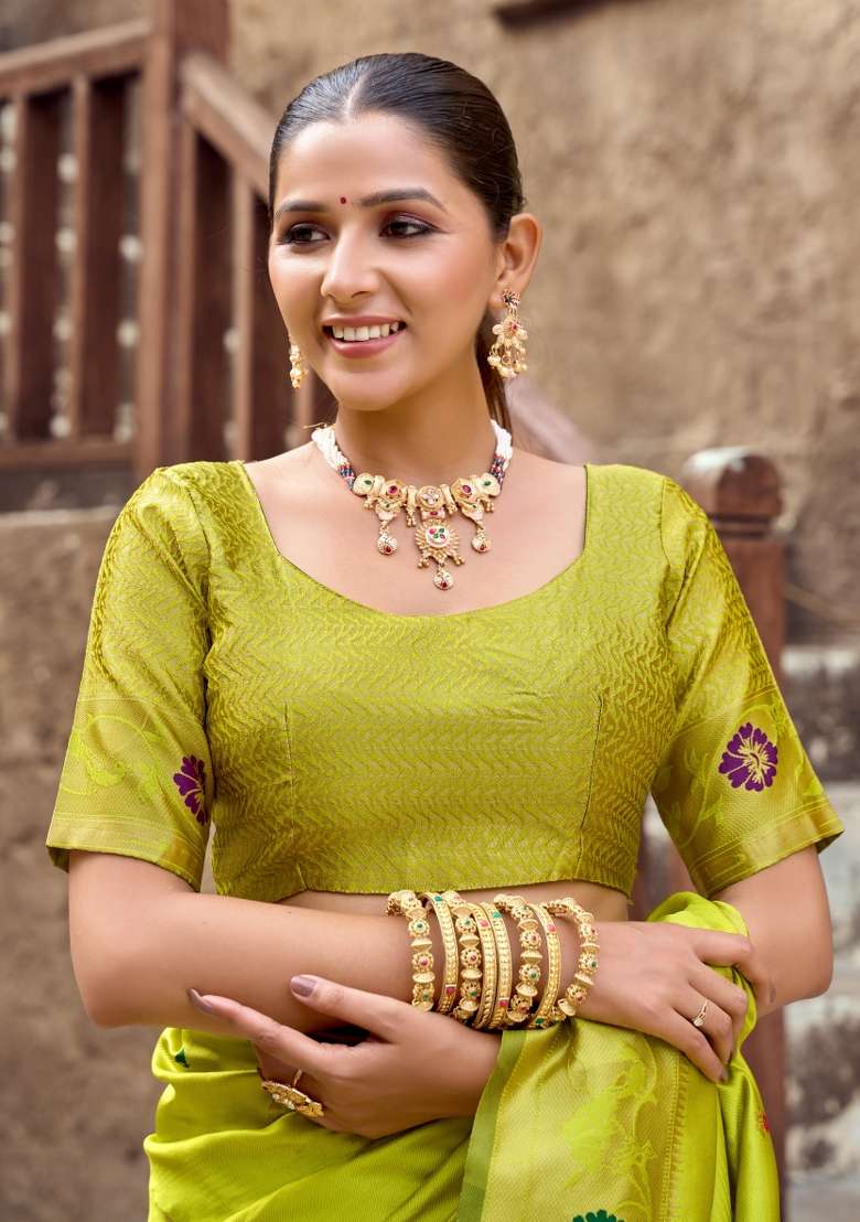 Parrot Green Woven Design Silk Blend Saree Set for Diwali | Wedding & Festive Wear - Indya