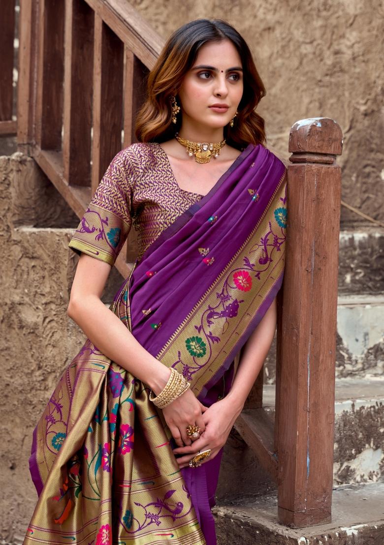 Purple Woven Design Silk Blend Saree Set - Indya