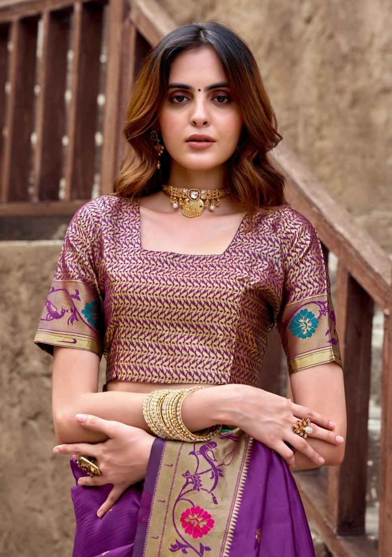 Purple Woven Design Silk Blend Saree Set - Indya