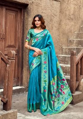 Turquoise Woven Design Silk Blend Saree Set