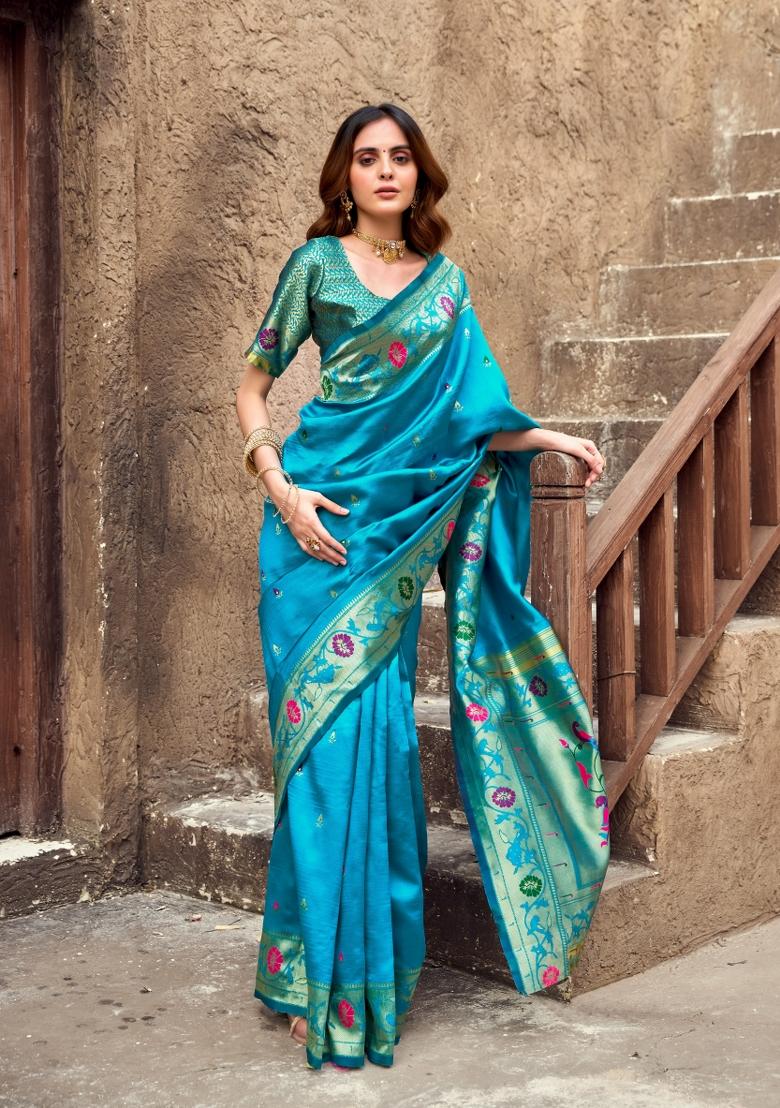 Turquoise Woven Design Silk Blend Saree Set - Indya