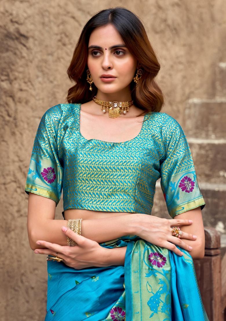 Turquoise Woven Design Silk Blend Saree Set - Indya