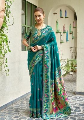 Turquoise Woven Design Silk Blend Saree Set