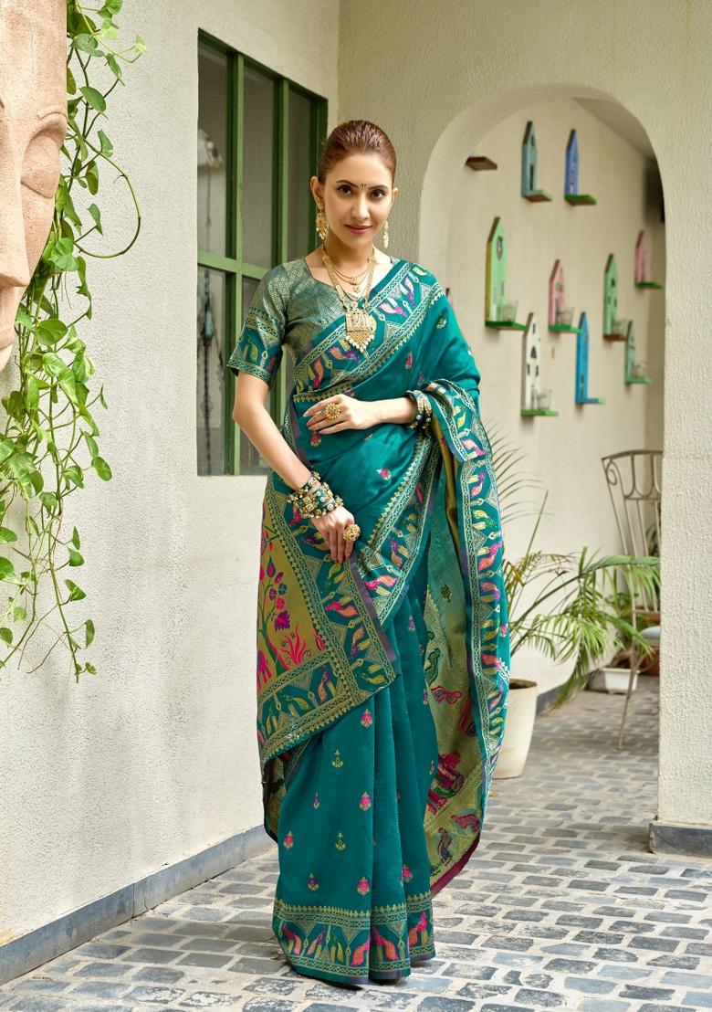 Turquoise Woven Design Silk Blend Saree Set - Indya