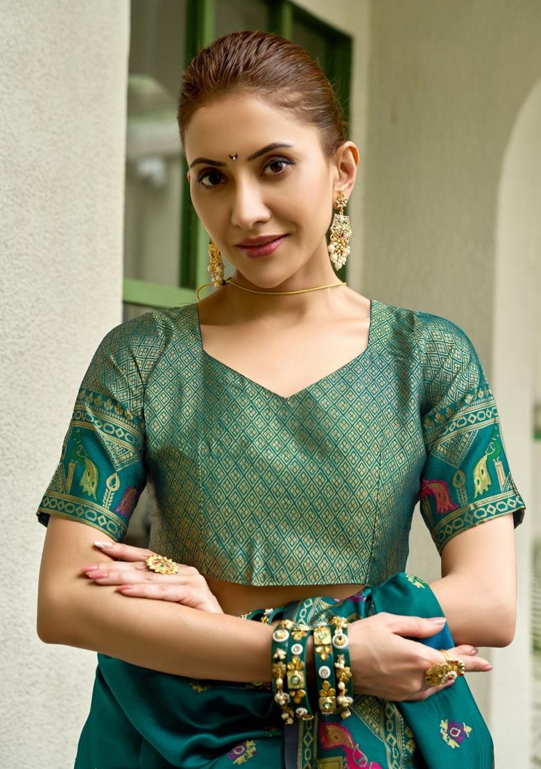 Turquoise Woven Design Silk Blend Saree Set - Indya