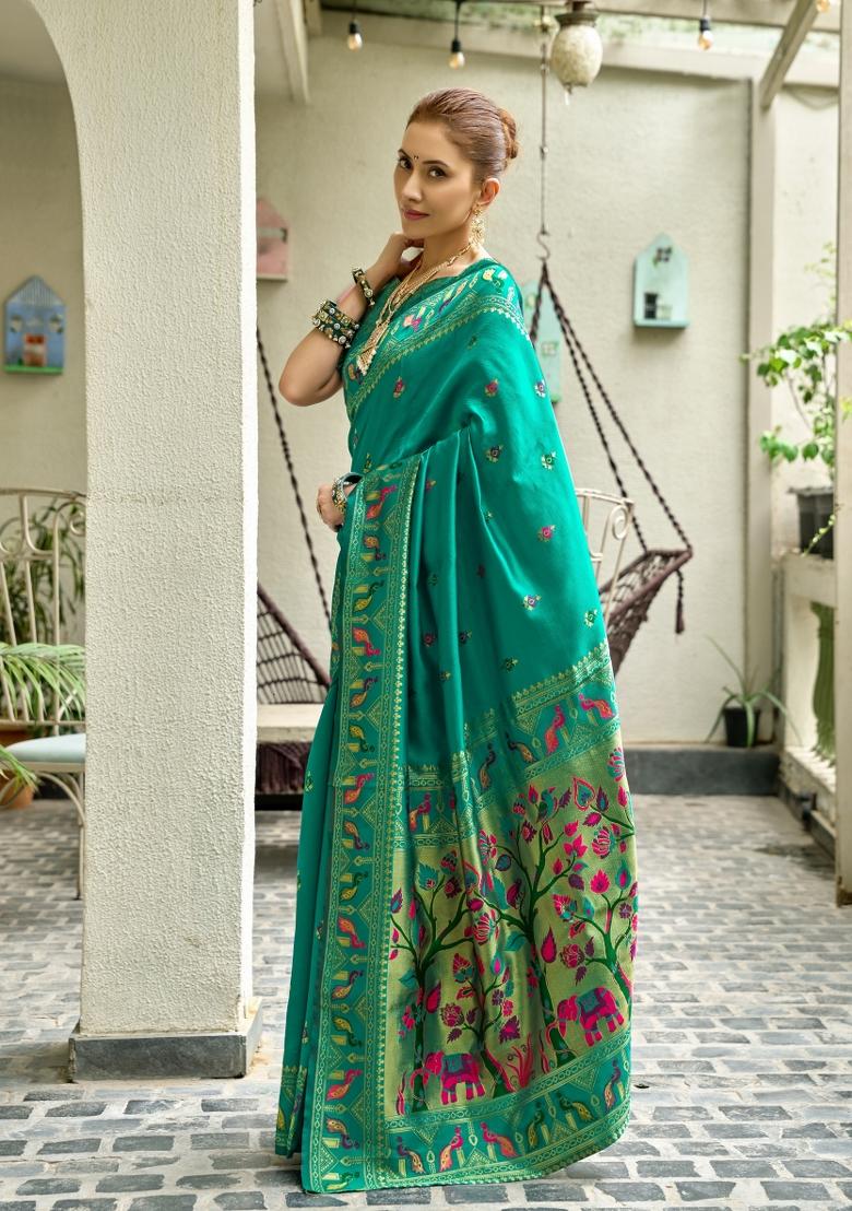 Teal Woven Design Silk Blend Saree Set - Indya