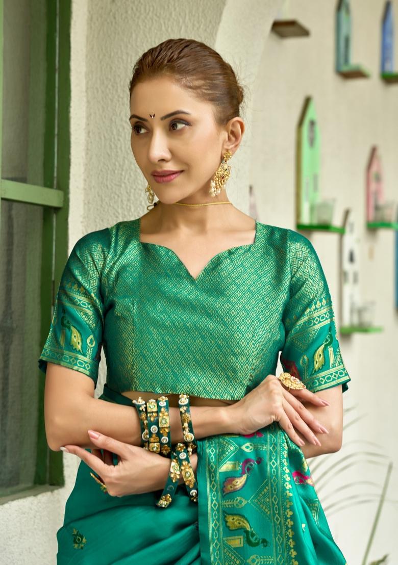 Teal Woven Design Silk Blend Saree Set - Indya
