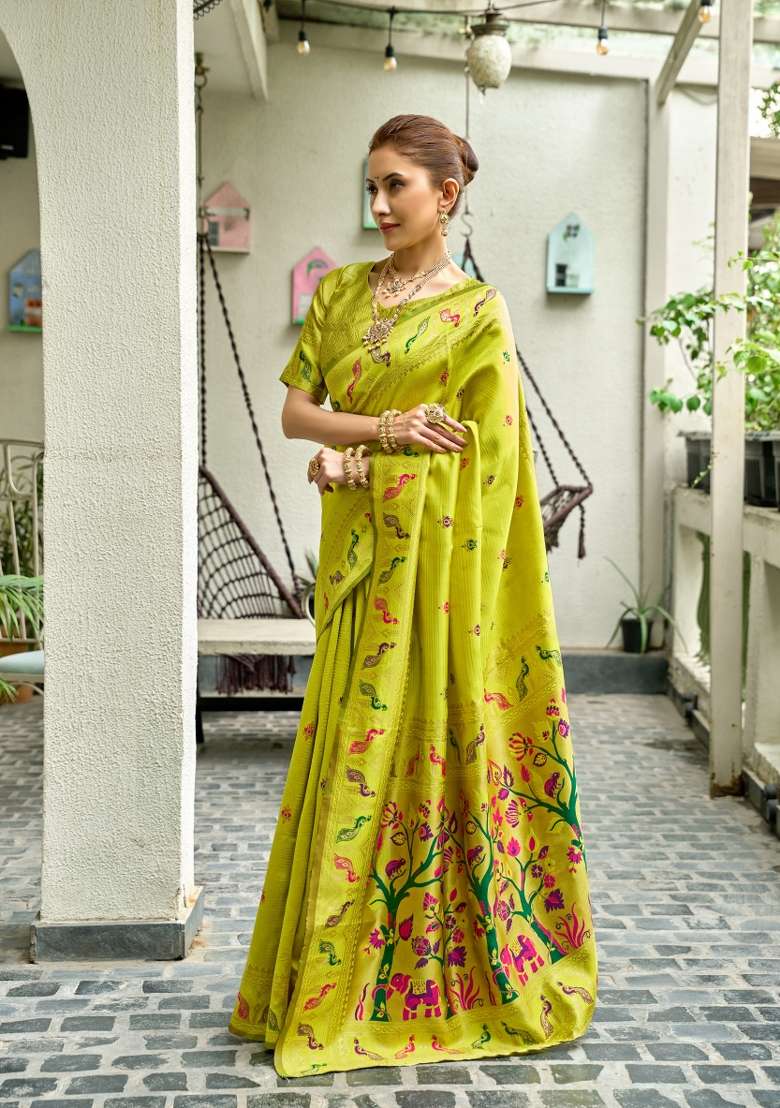 Parrot Green Woven Design Silk Blend Saree Set for Diwali and Festive Wear - Indya