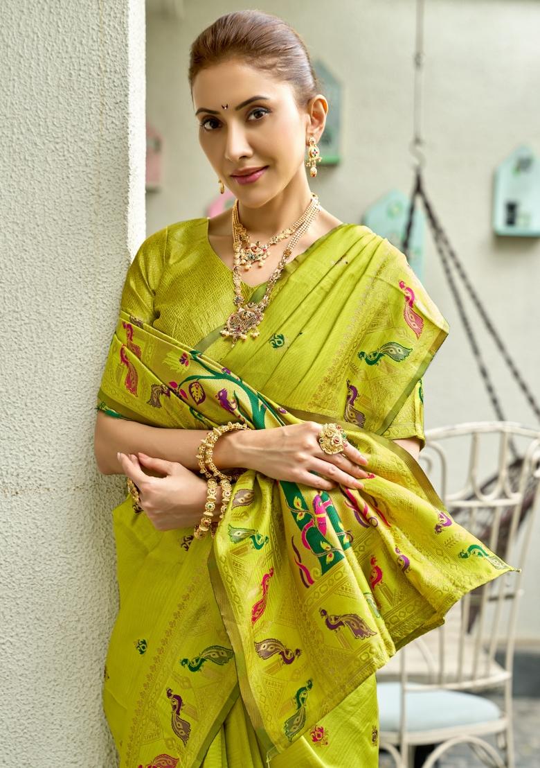 Parrot Green Woven Design Silk Blend Saree Set - Indya