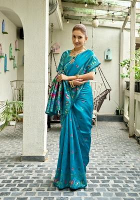 Turquoise Woven Design Silk Blend Saree Set