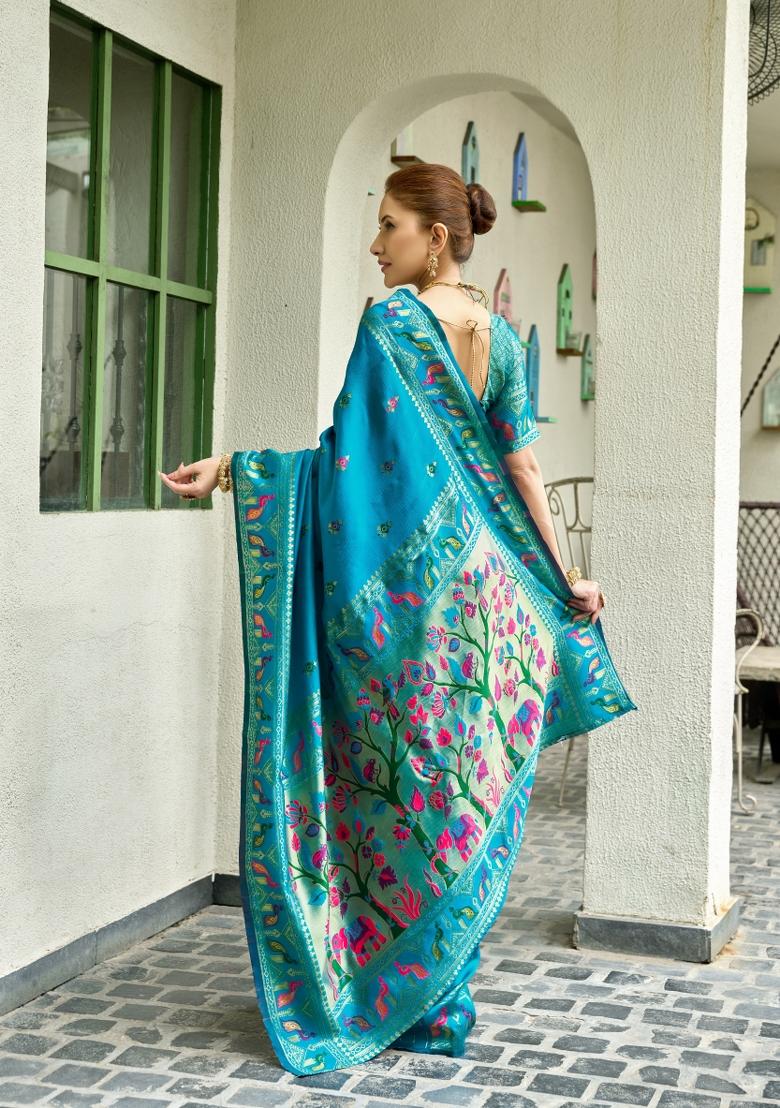 Turquoise Woven Design Silk Blend Saree Set - Indya