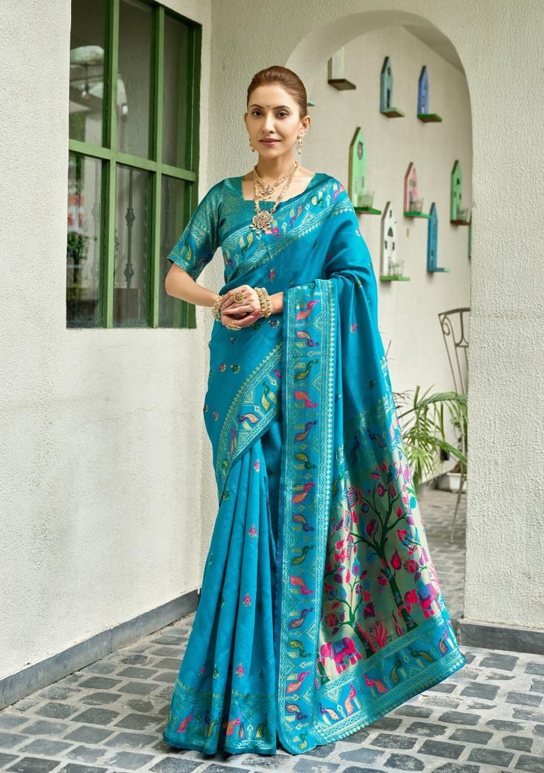 Turquoise Woven Design Silk Blend Saree Set - Indya