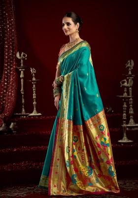 Teal Woven Design Silk Blend Saree Set