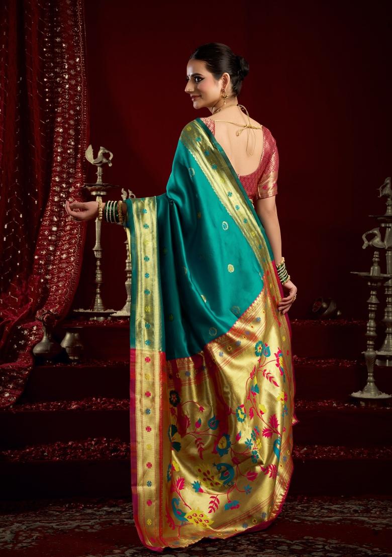 Teal Woven Design Silk Blend Saree Set - Indya