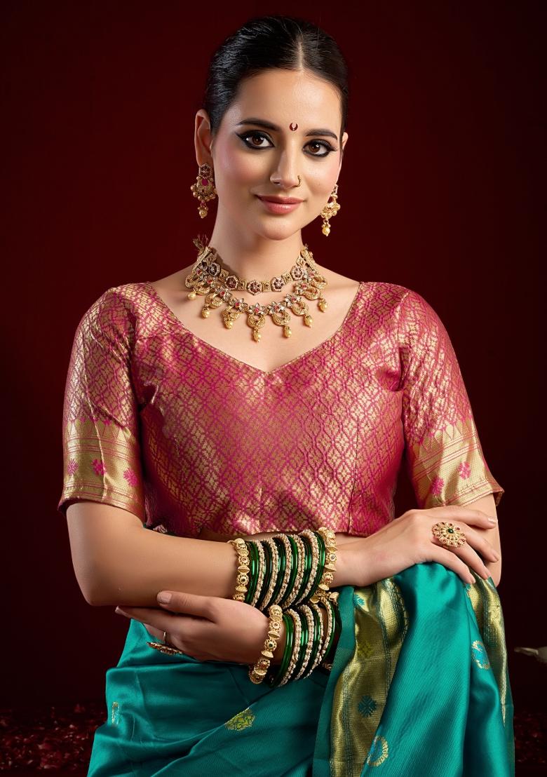 Teal Woven Design Silk Blend Saree Set - Indya