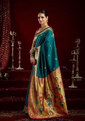 Turquoise Woven Design Silk Blend Saree Set