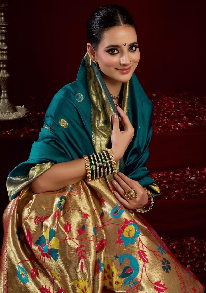 Turquoise Woven Design Silk Blend Saree Set - Indya