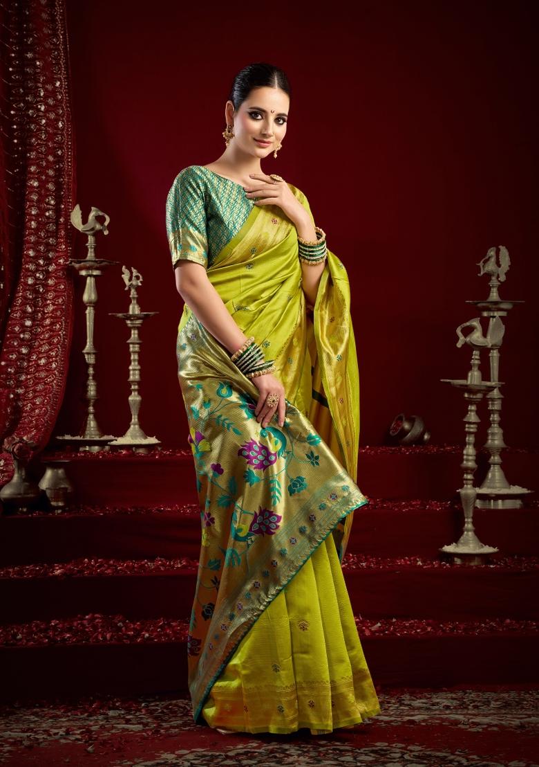 Parrot Green Woven Design Silk Blend Saree Set - Indya