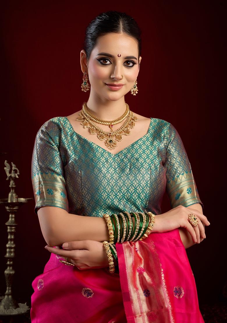 Rani Pink Woven Design Silk Blend Saree Set - Indya
