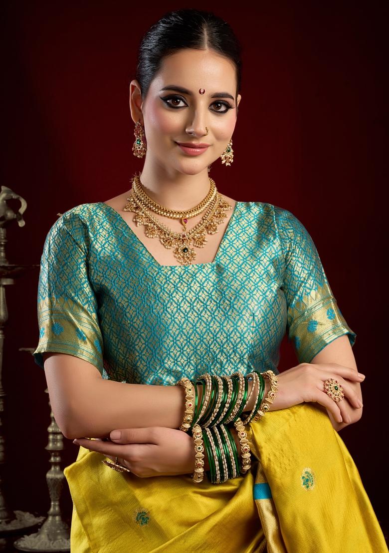 Yellow Woven Design Silk Blend Saree Set - Indya