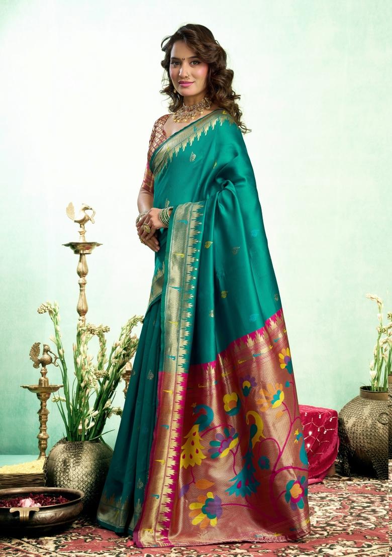 Teal Woven Design Silk Blend Saree Set - Indya