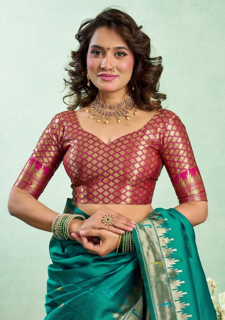 Teal Woven Design Silk Blend Saree Set - Indya