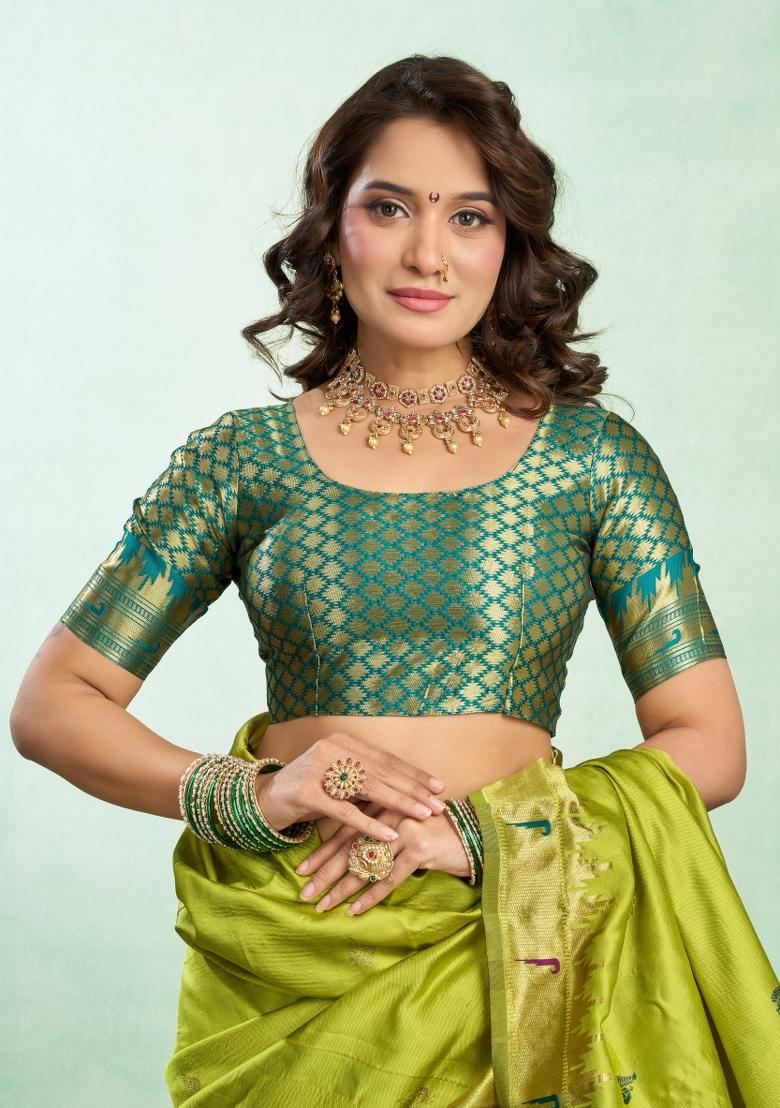 Parrot Green Woven Design Silk Blend Saree Set - Indya