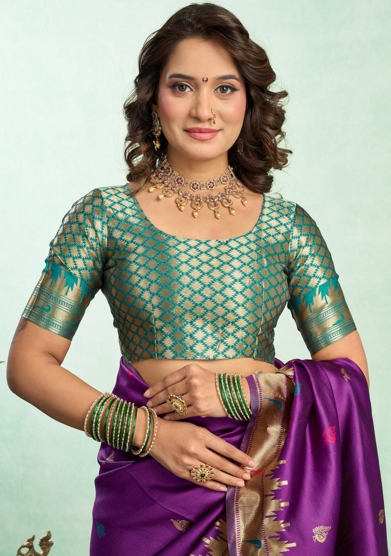 Purple Woven Design Silk Blend Saree Set - Indya