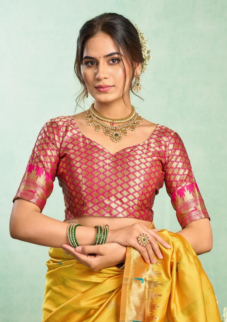 Yellow Woven Design Silk Blend Saree Set - Indya