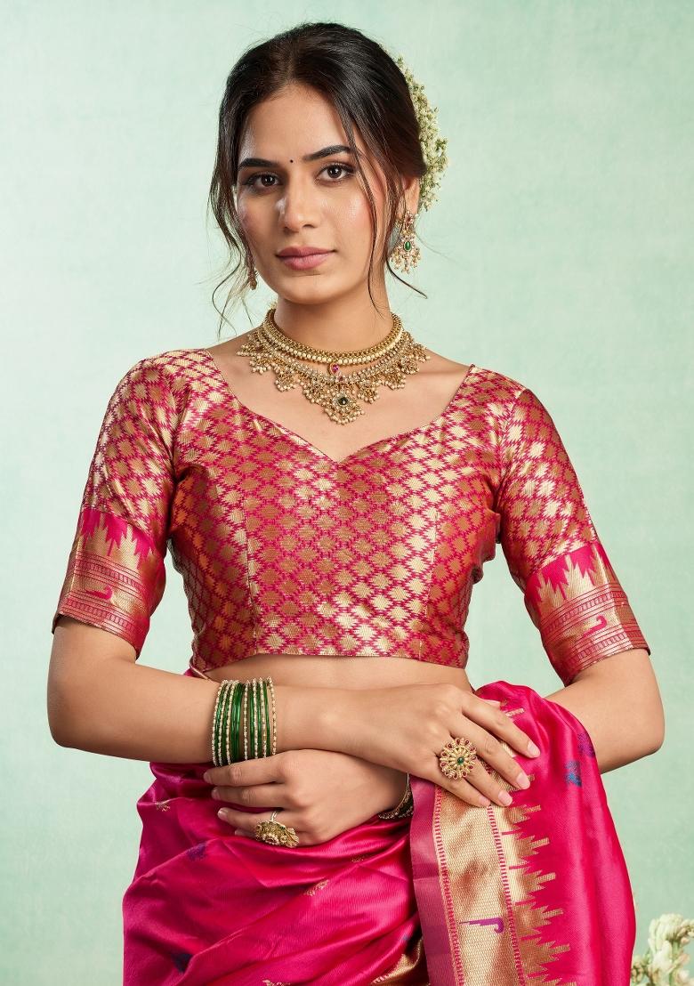 Rani Pink Woven Design Silk Blend Saree Set - Indya