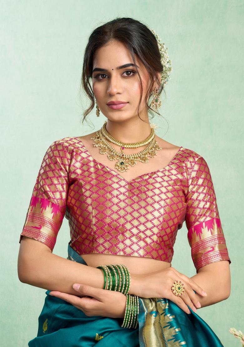 Turquoise Woven Design Silk Blend Saree Set - Indya