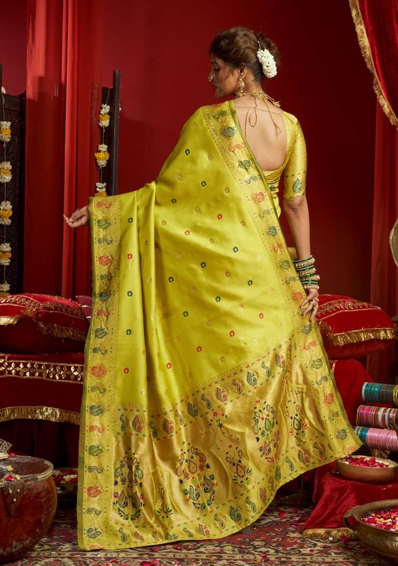 Parrot Green Woven Design Silk Blend Saree Set for Diwali and Festive Wear - Indya