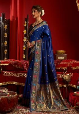 Blue Woven Design Silk Blend Saree Set