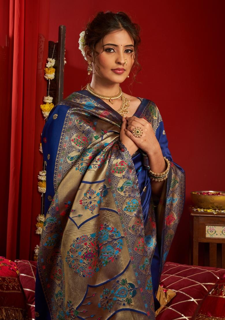 Blue Woven Design Silk Blend Saree Set - Indya