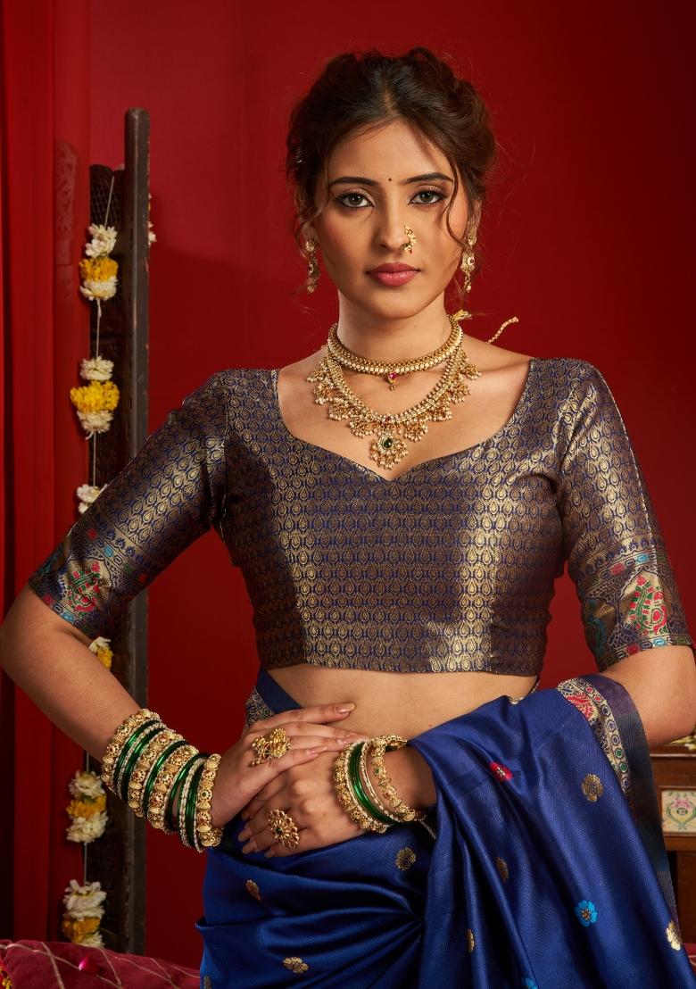 Blue Woven Design Silk Blend Saree Set - Indya