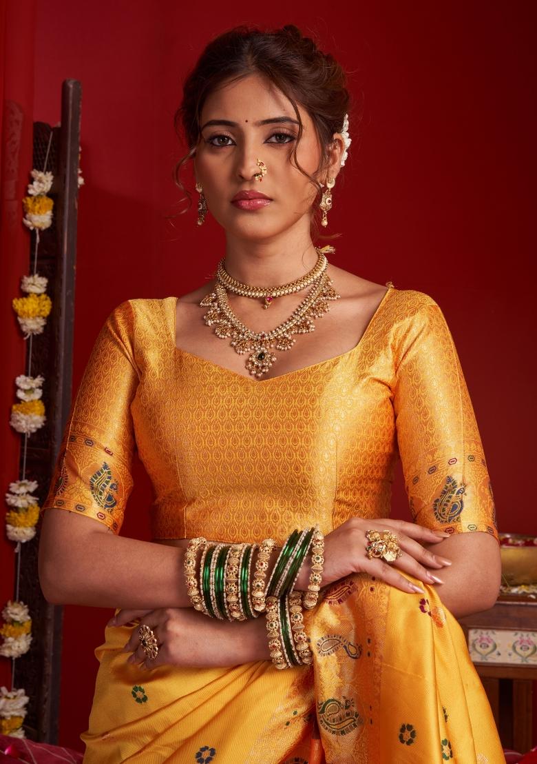 Yellow Woven Design Silk Blend Saree Set - Indya