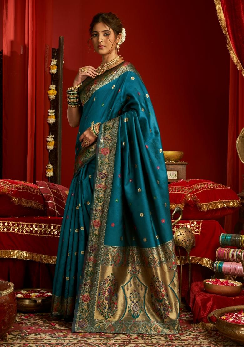 Turquoise Woven Design Silk Blend Saree Set - Indya
