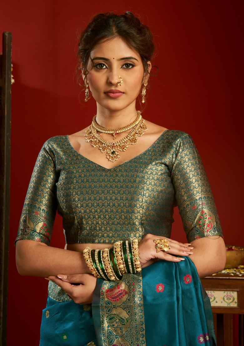 Turquoise Woven Design Silk Blend Saree Set - Indya