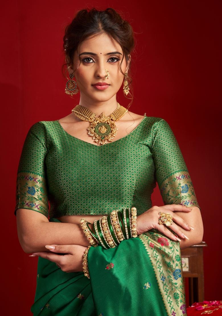 Green Woven Design Silk Blend Saree Set - Indya