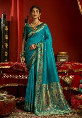 Turquoise Woven Design Silk Blend Saree Set