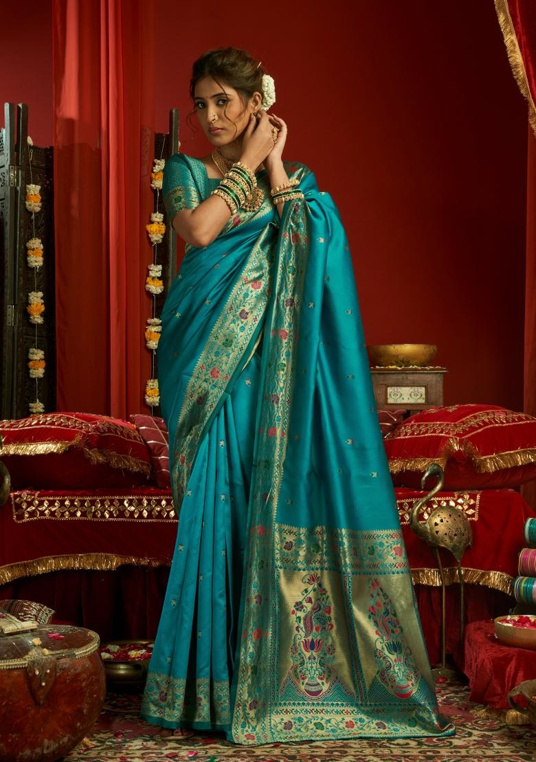 Turquoise Woven Design Silk Blend Saree Set - Indya