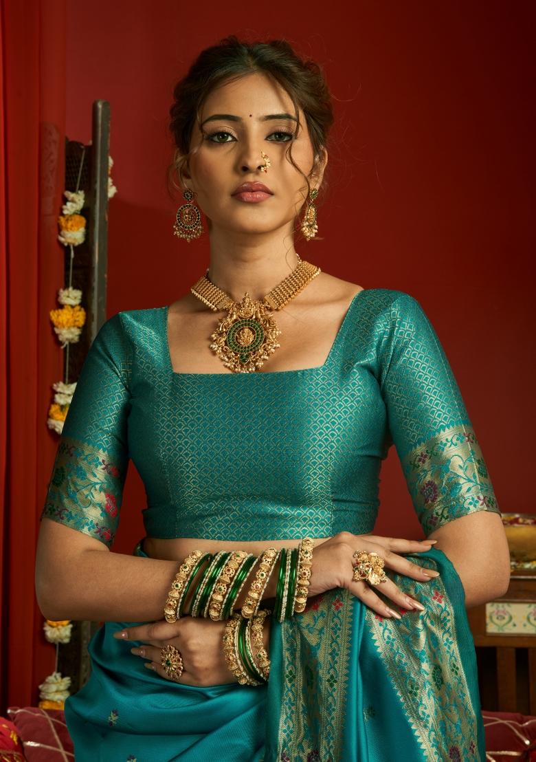 Turquoise Woven Design Silk Blend Saree Set - Indya
