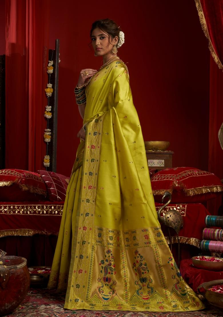 Parrot Green Woven Design Silk Blend Saree Set - Indya