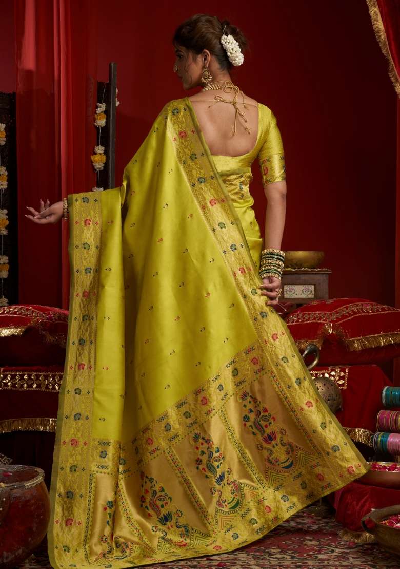 Parrot Green Woven Design Silk Blend Saree Set for Diwali and Festive Wear - Indya